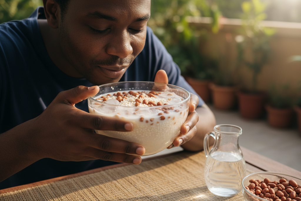 create an image of someone drinking garri with ice, peanut and water